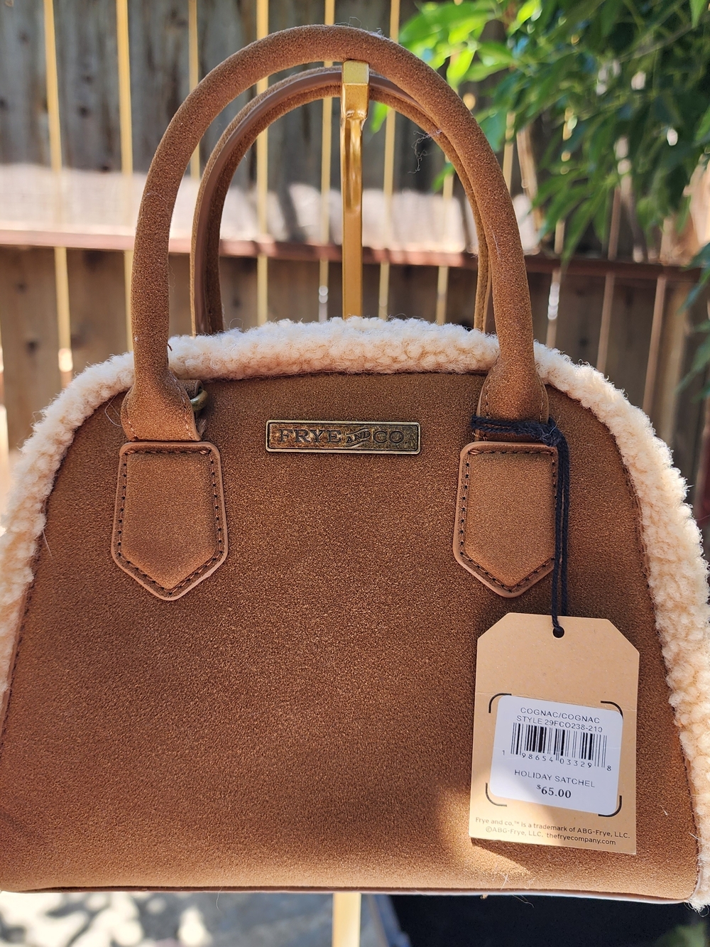 Frye and Co Core Satchel Bag Cognac Brown Faux Suede Sherpa Trim NWT - Picture 2 of 10